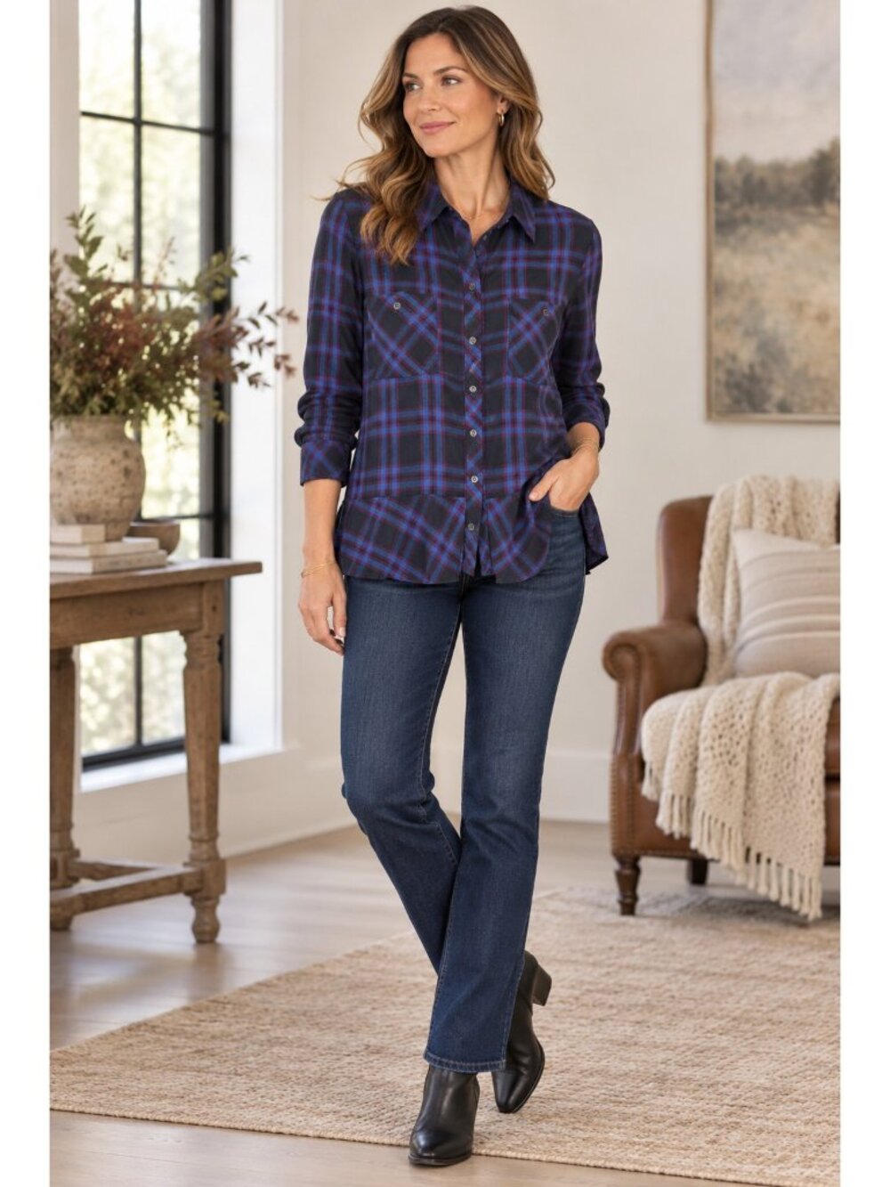 CAbi Check Shirt #3431 Moody Plaid Peplum Button Up Top Blue Burgundy M
